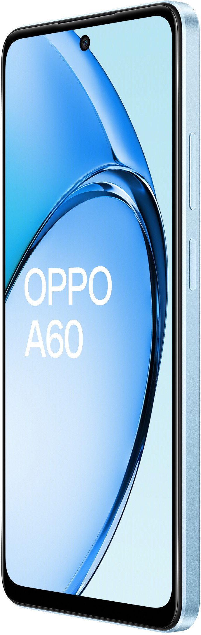 Jasnoniebieski telefon z ekranem pokazującym falę i tekstem 'OPPO A60'.