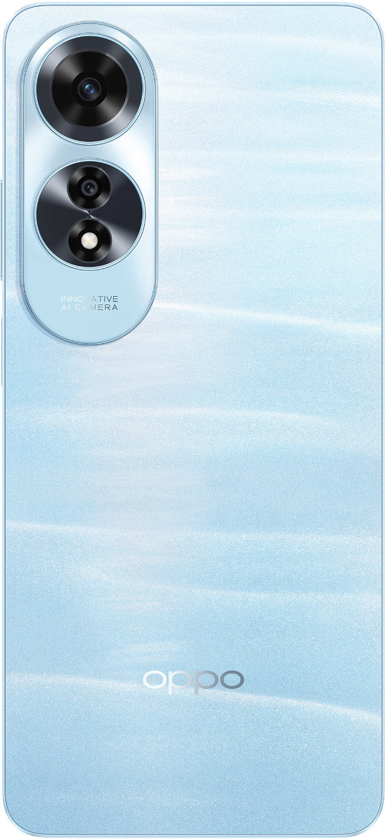 Jasnoniebieski telefon z wypukłością aparatu i logo Oppo.