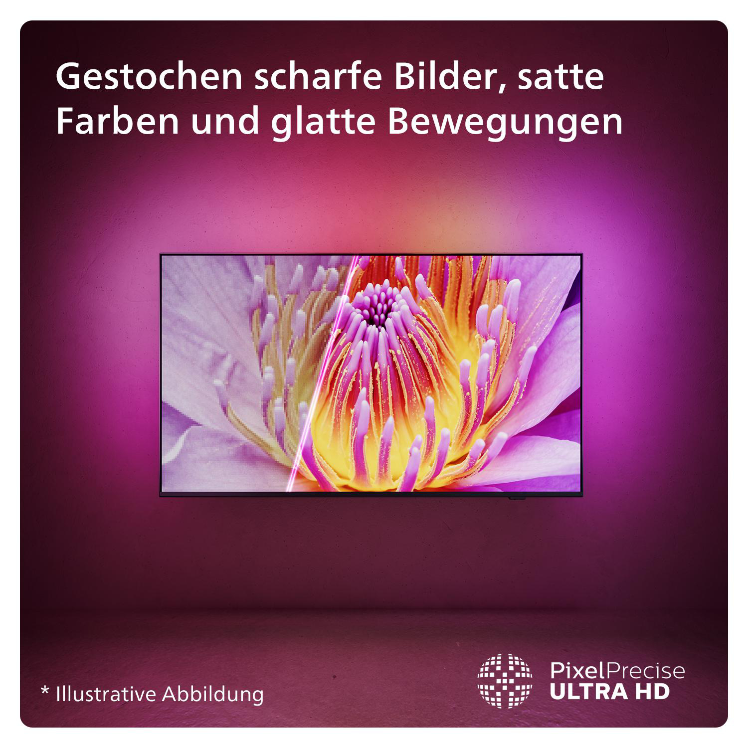 Fernseher zeigt eine Blumenszene. Text oben: scharfe Bilder, satte Farben, fließende Bewegung. Logo: Pixel Precise Ultra HD.