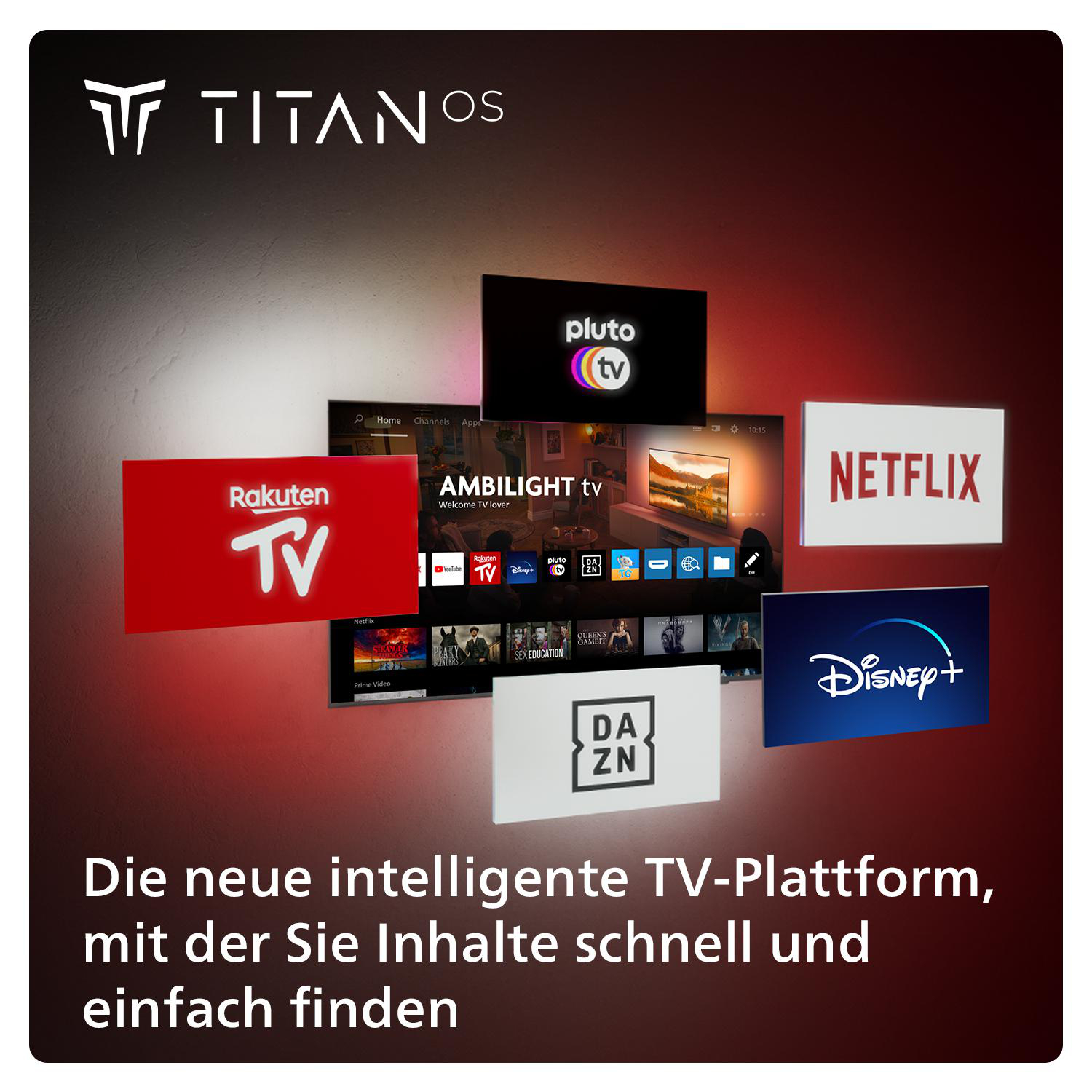 Ein Fernseher mit den Oberflächen mehrerer Streaming-Dienste. Der Text lautet: Die neue intelligente TV-Plattform.