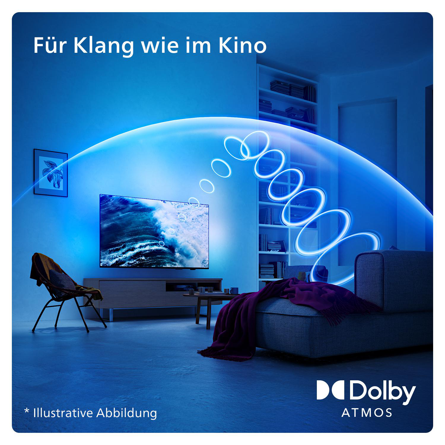 Ein Wohnzimmer mit Fernseher, Sofa und einer blauen Schallwellengrafik.