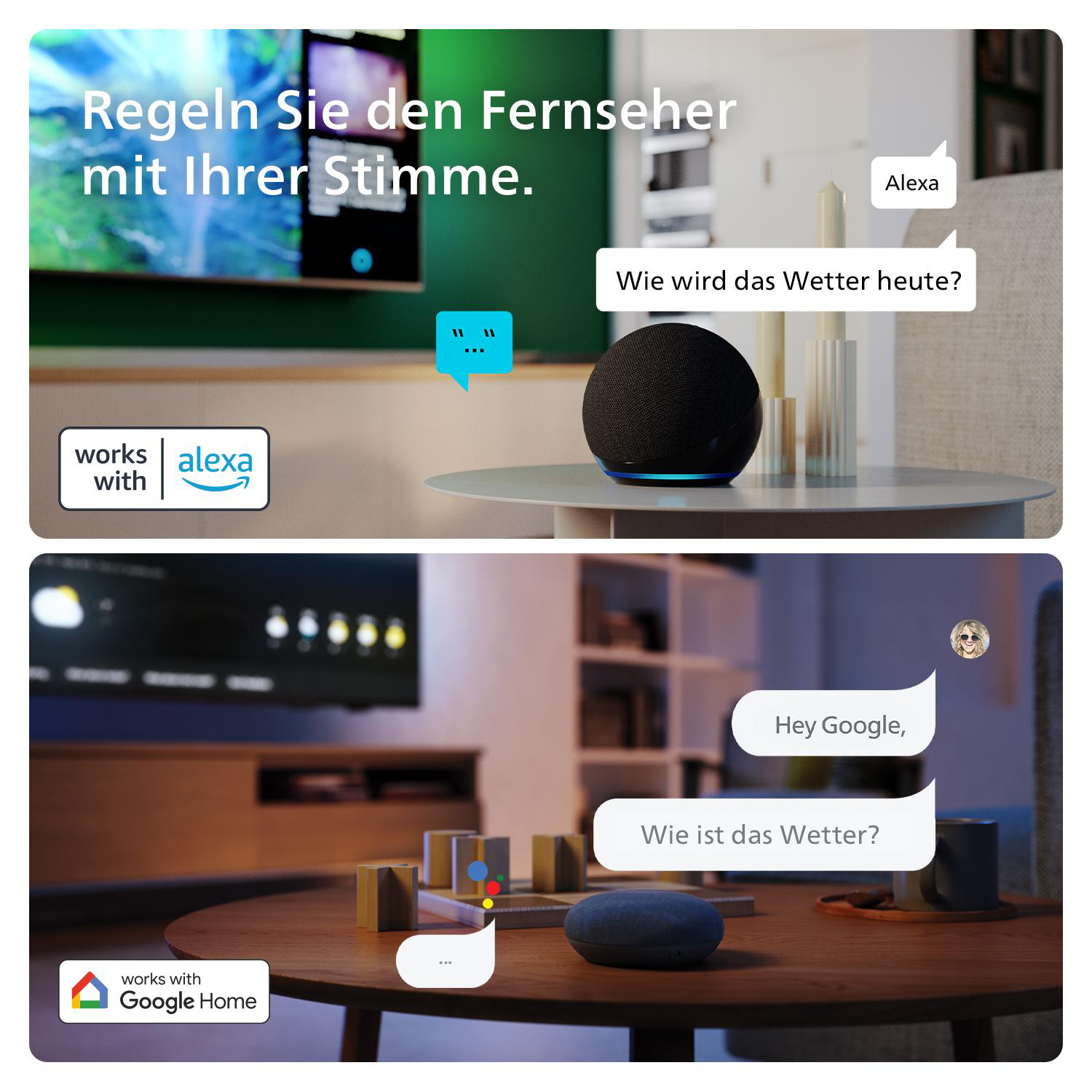 Zwei Szenen mit intelligenten Lautsprechern. Eine mit Alexa, eine mit Google. Beide steuern den Fernseher mit Sprachbefehlen.