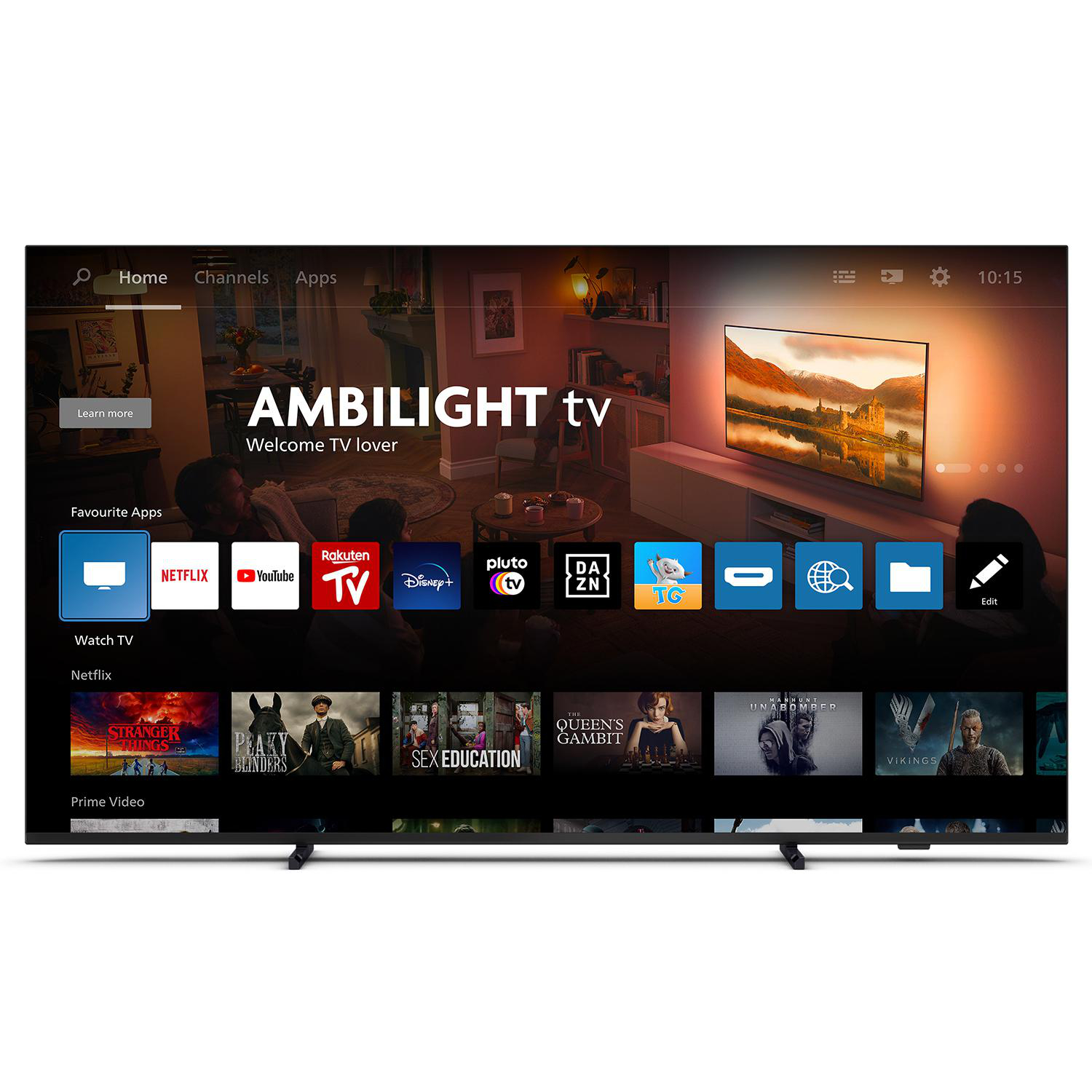 Ein Großbildfernseher mit dem Ambilight-Logo und einem Startbildschirm mit App-Symbolen.