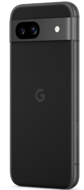 Schwarzes Smartphone mit Google-Logo und Dual-Kamera auf der Rückseite.