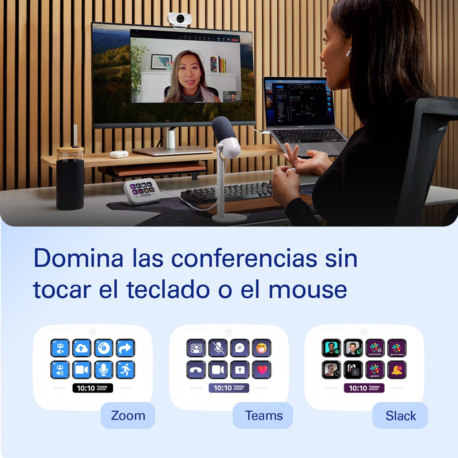 Mujer usando laptop en videollamada. Iconos de Zoom, Teams y Slack se muestran abajo.