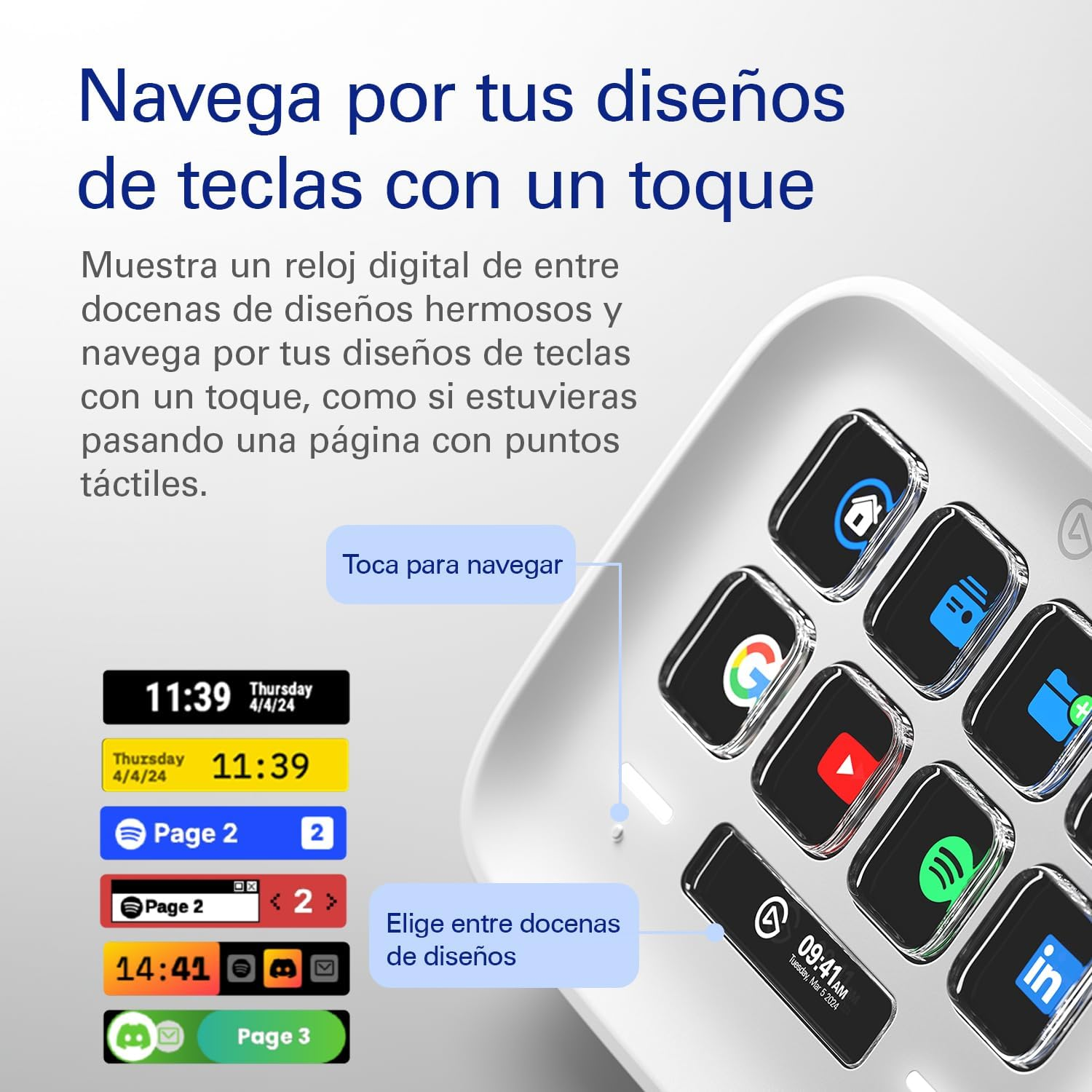 Interfaz de reloj digital en un dispositivo blanco. Iconos y hora mostrados. Fondo negro.