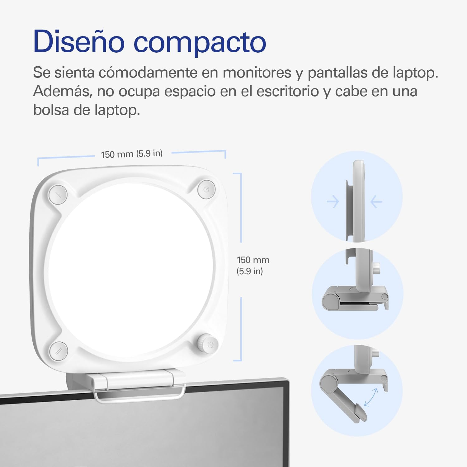 Soporte de monitor de portátil blanco. La vista lateral muestra las funciones de ajuste. Fondo blanco. Texto: Diseño compacto.