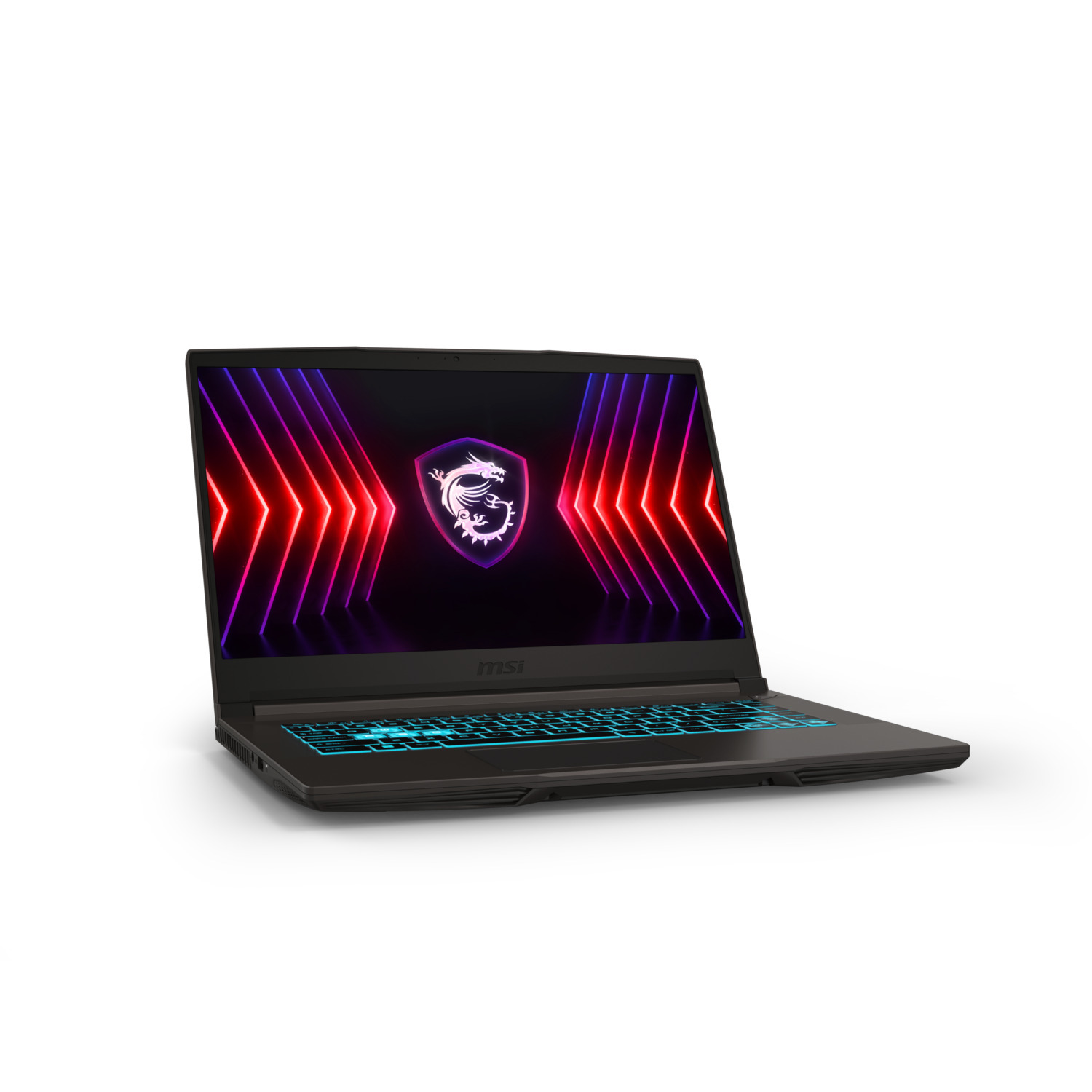 Ordinateur portable MSI noir avec écran éclairé affichant un logo. Fond blanc.