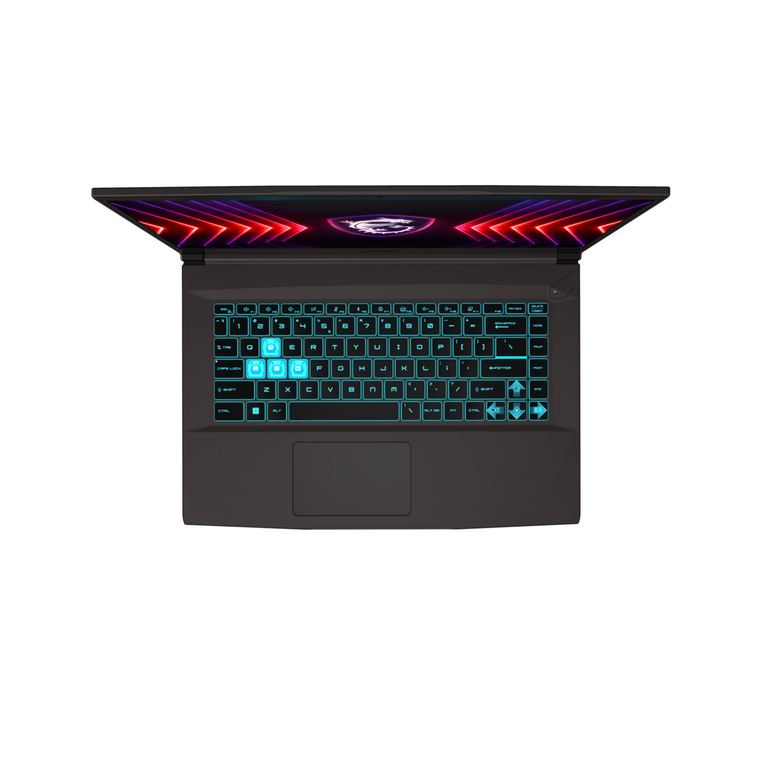 Ordinateur portable, ouvert, vue de dessus. Clavier éclairé en bleu, écran avec logo. Fond blanc.