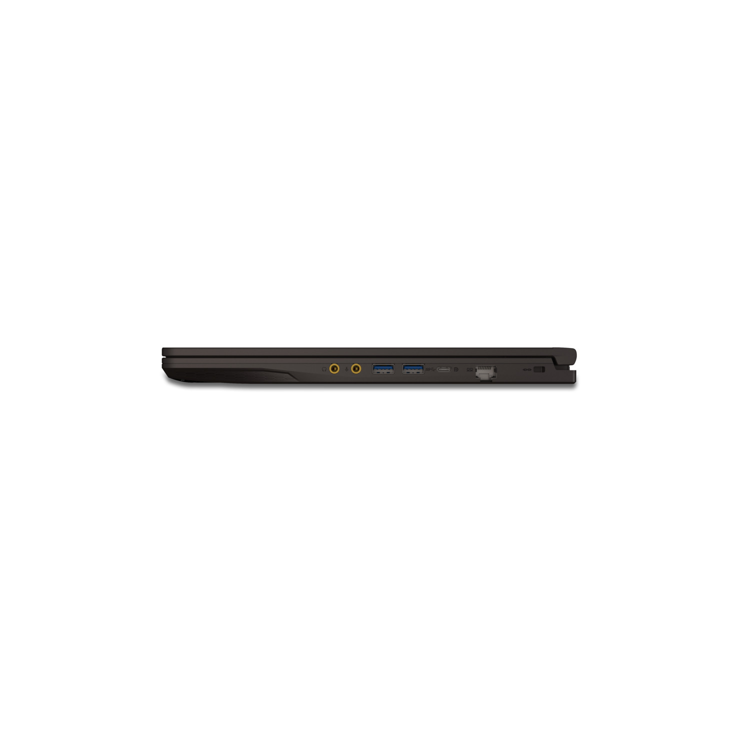Vue latérale d'un ordinateur portable noir. Affiche les ports audio, USB et Ethernet, sur fond blanc.