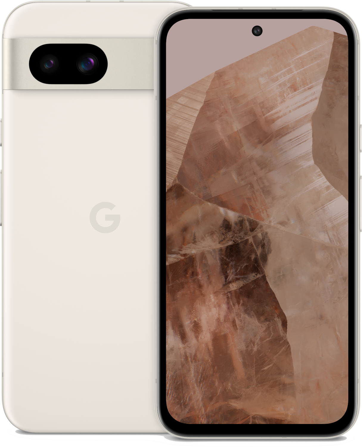 Smartphone crème, avant et arrière. Fond beige avec une texture marbrée.
