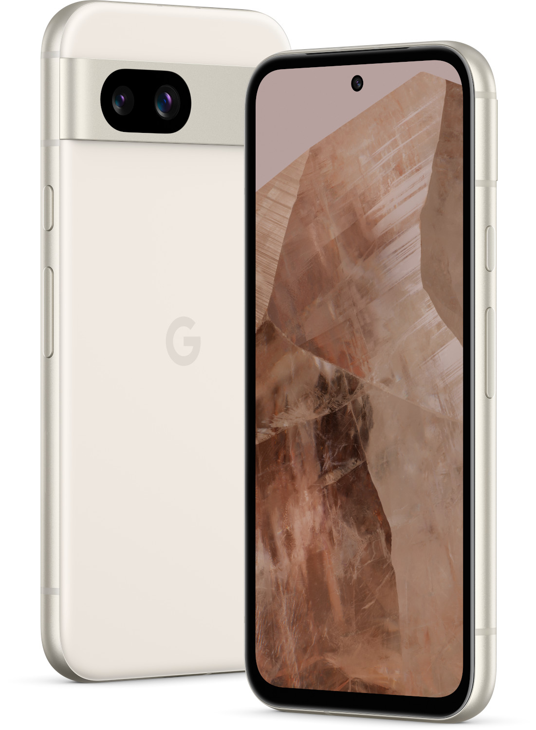 Deux téléphones, un sur le côté, un affichant un motif de montagne. Les deux sont de couleur crème clair.