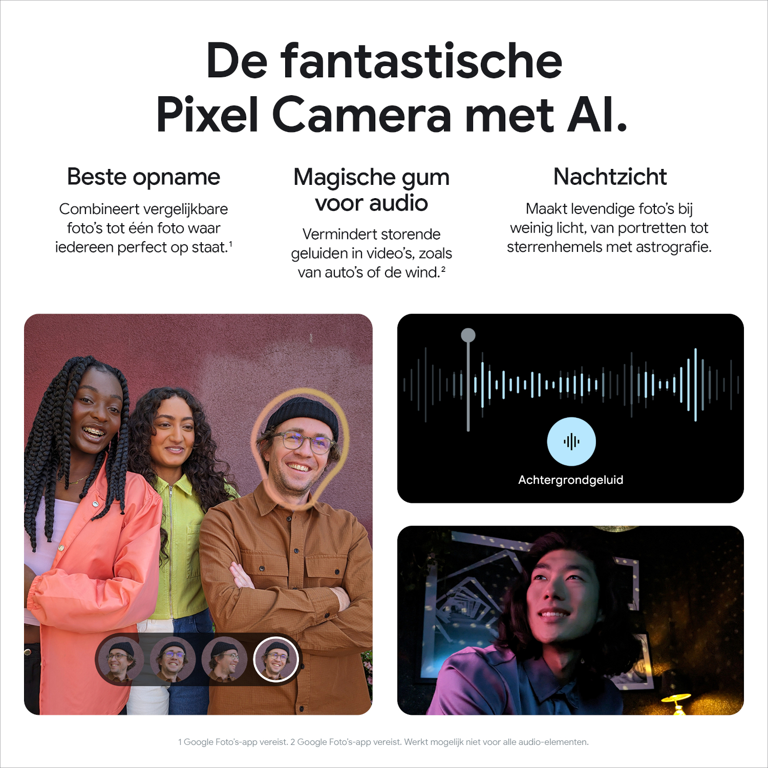 Afbeelding met vier personen en een diagram van geluidsgolven. Tekst: De fantastische Pixel Camera met AI.