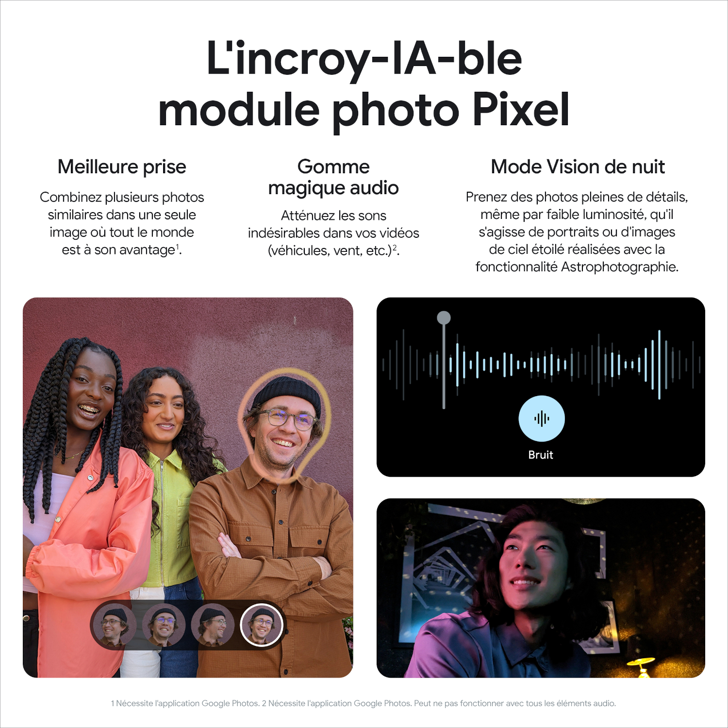 Publicité pour le téléphone Pixel. Les gens sourient. Les fonctionnalités présentées incluent la vision nocturne et l'édition audio.