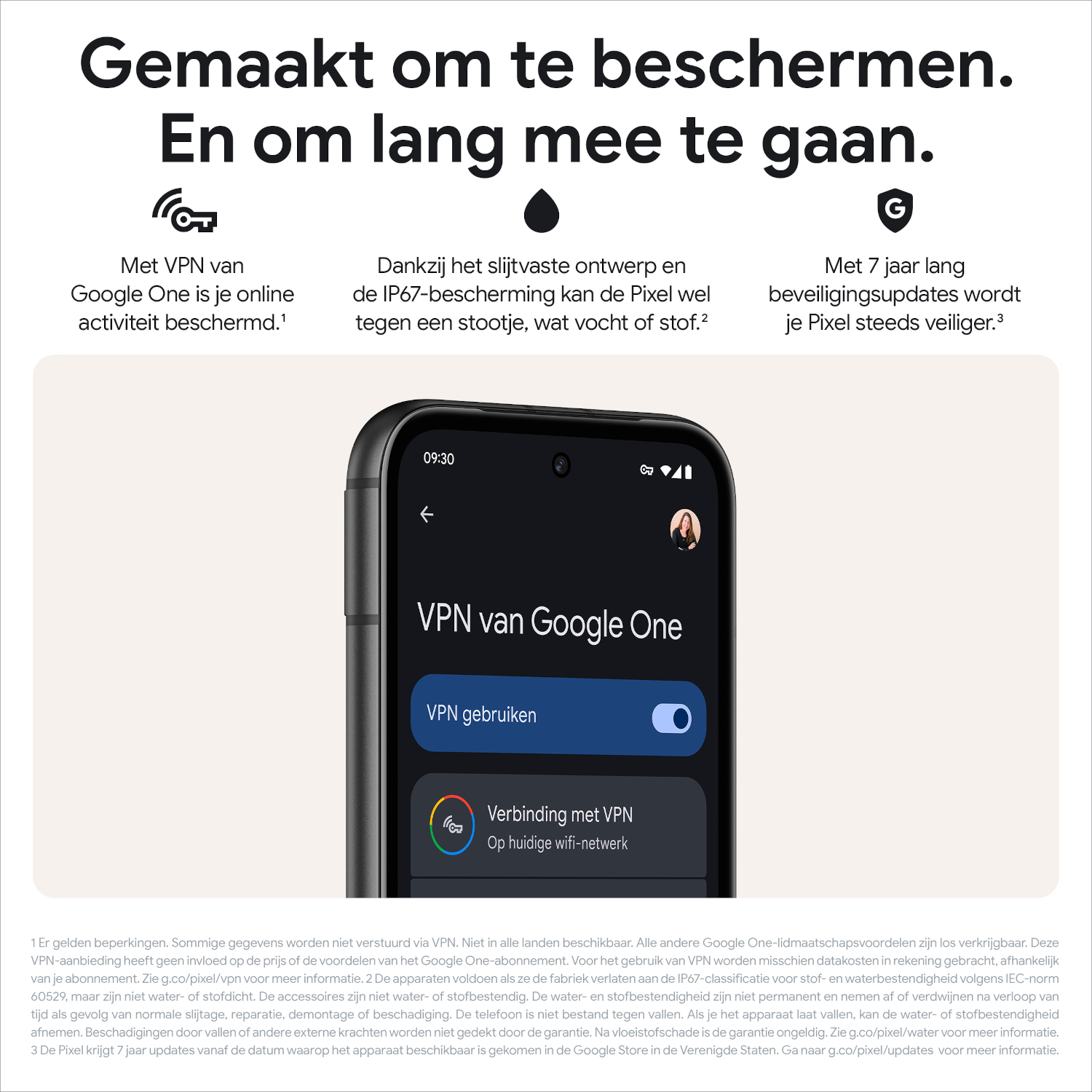 Afbeelding met tekst en een telefoonscherm met Google One VPN. Telefoon heeft een donker scherm.