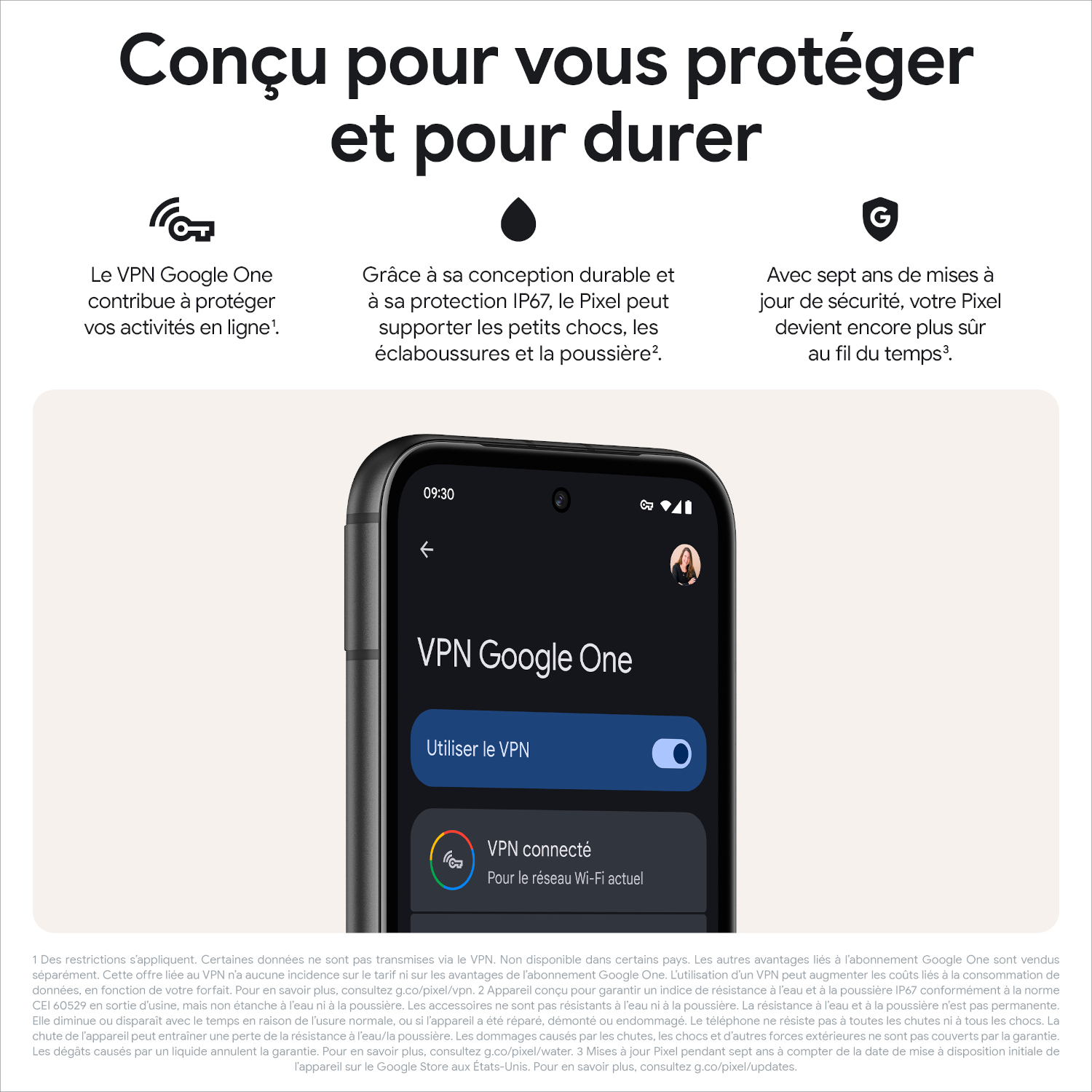Un téléphone affiche l'interface VPN Google One.