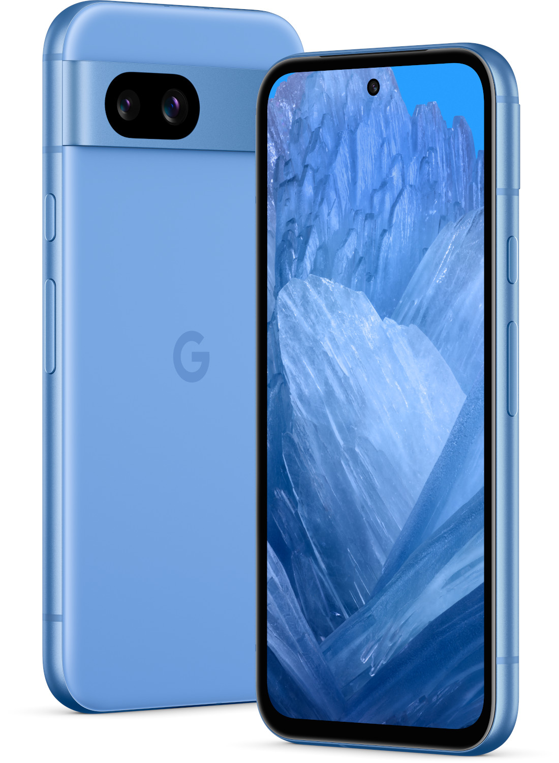 Een blauwe smartphone met een scherm met een blauw ijskristal design. Witte achtergrond.