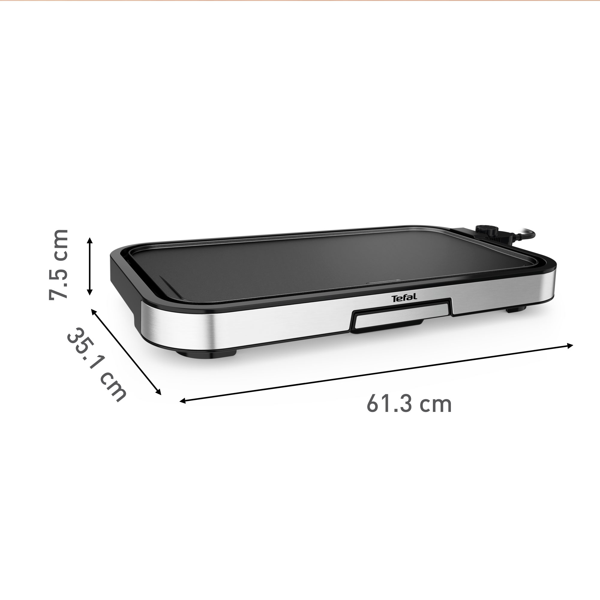 Plancha eléctrica Tefal con dimensiones indicadas, diseño negro y plateado.
