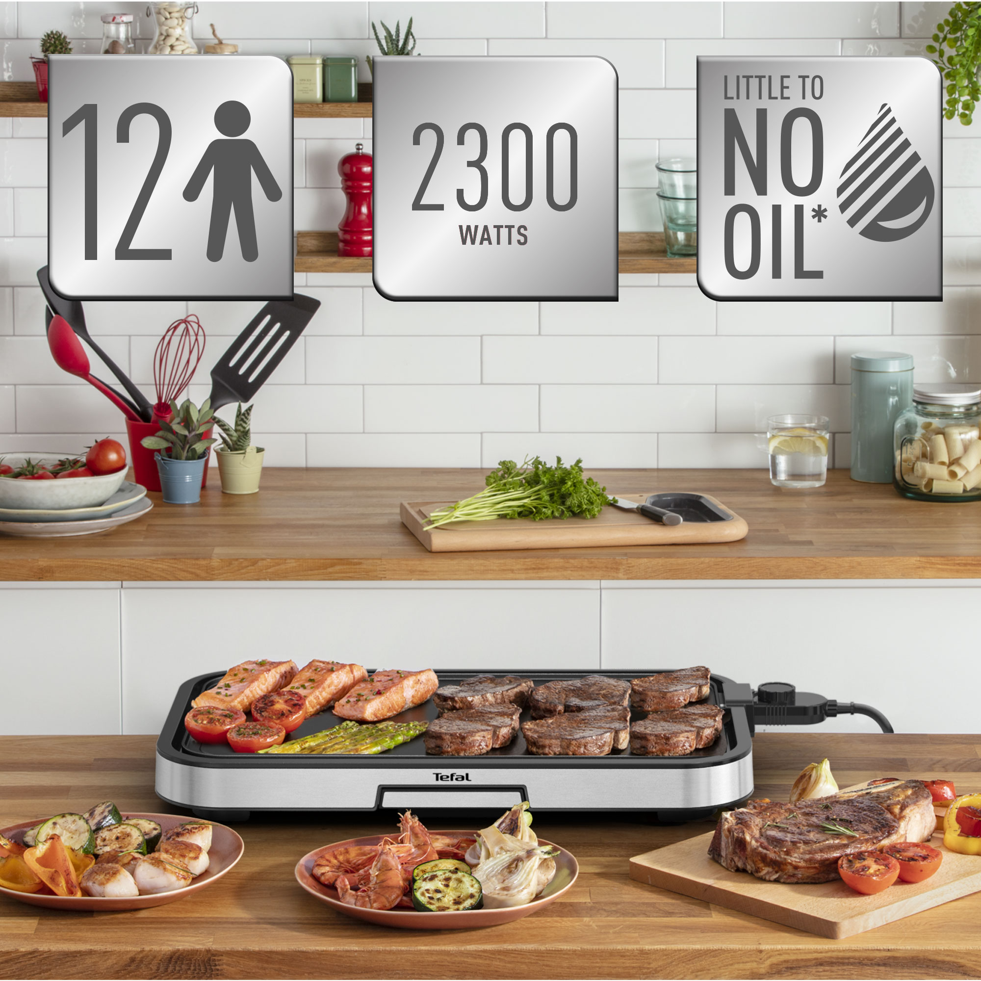 Parrilla eléctrica con comida. Se muestran verduras a la parrilla, carne y gráficos que indican características y calificaciones.