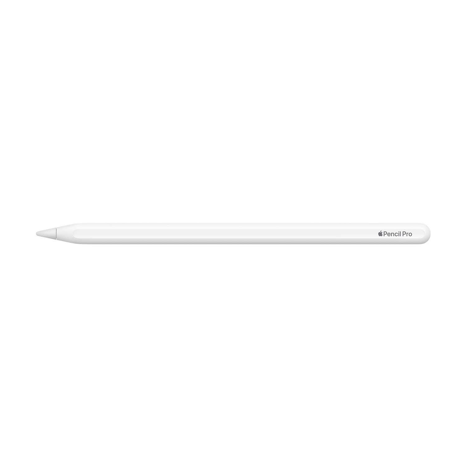 Apple Pencil Pro bianco. Matita orizzontale su una superficie bianca.
