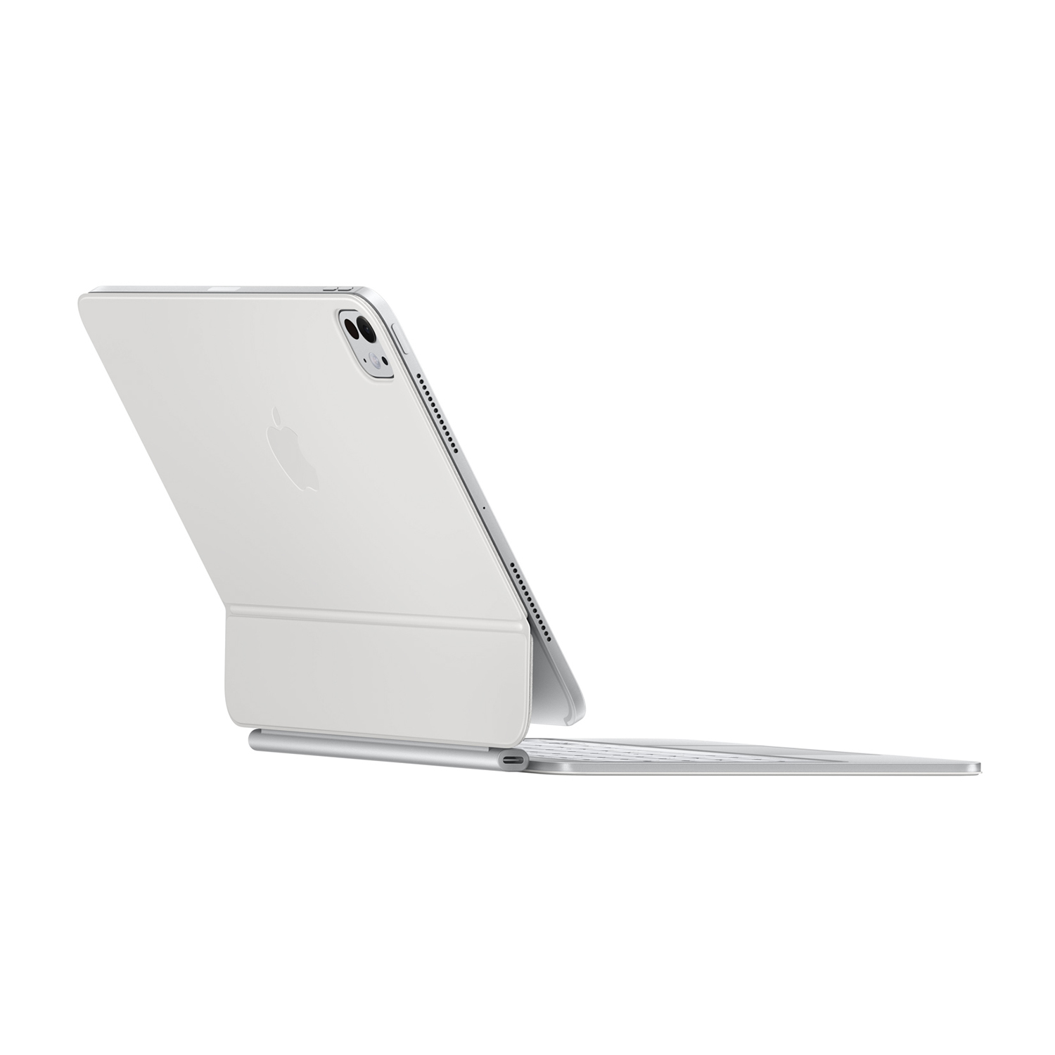 iPad argento con tastiera. Vista posteriore, logo Apple presente. Sfondo bianco.