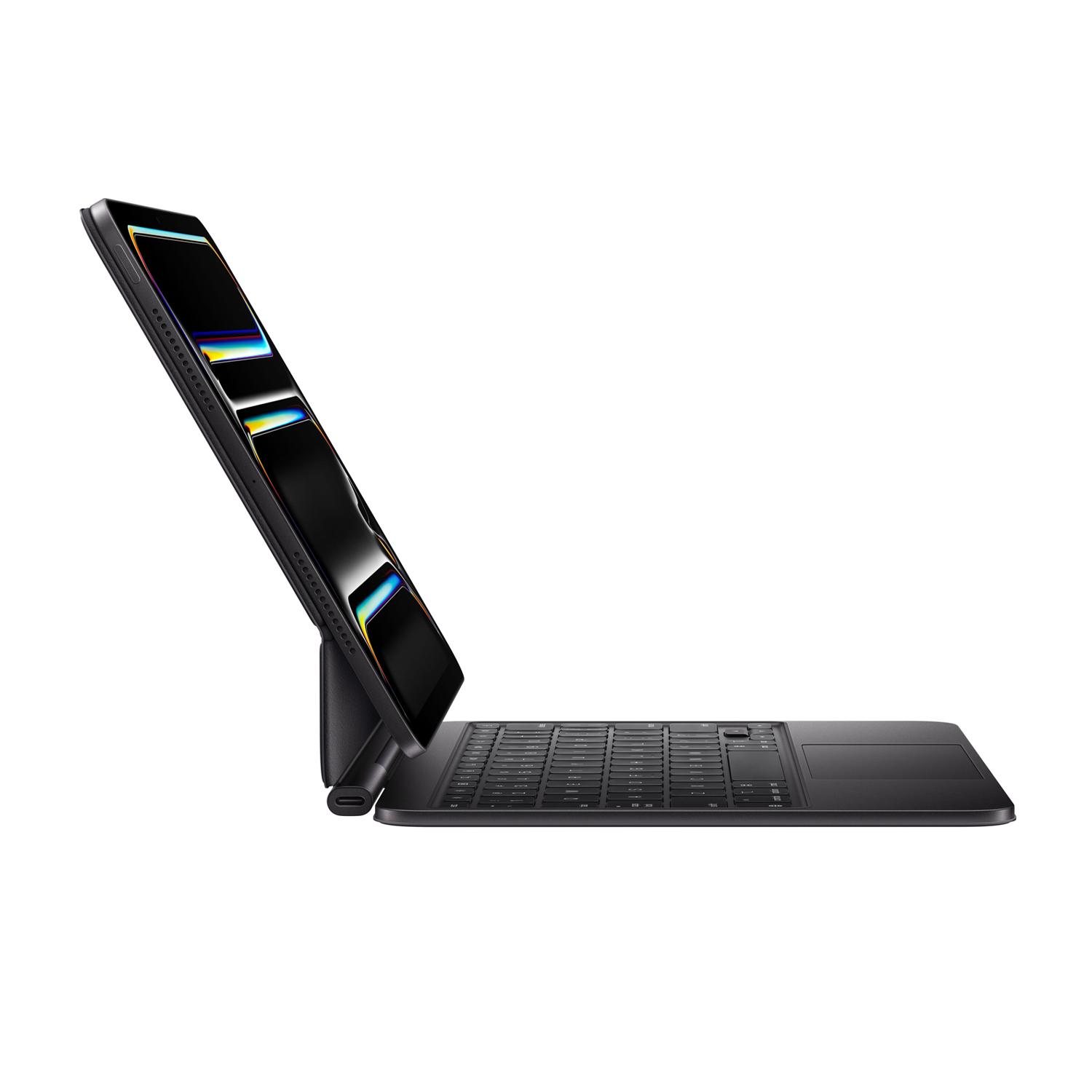 Tablet e tastiera neri, vista laterale. Il tablet è inclinato. Sfondo bianco.