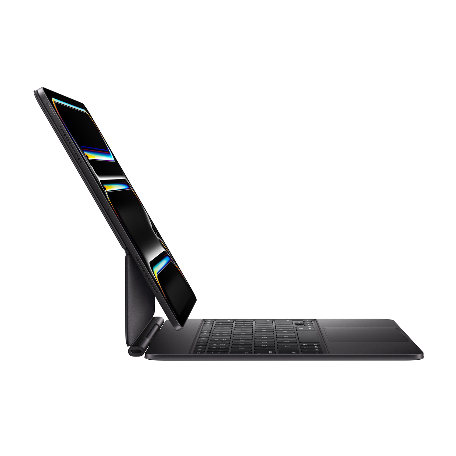 Tablet e tastiera neri, vista laterale. Il tablet è inclinato. Sfondo bianco.