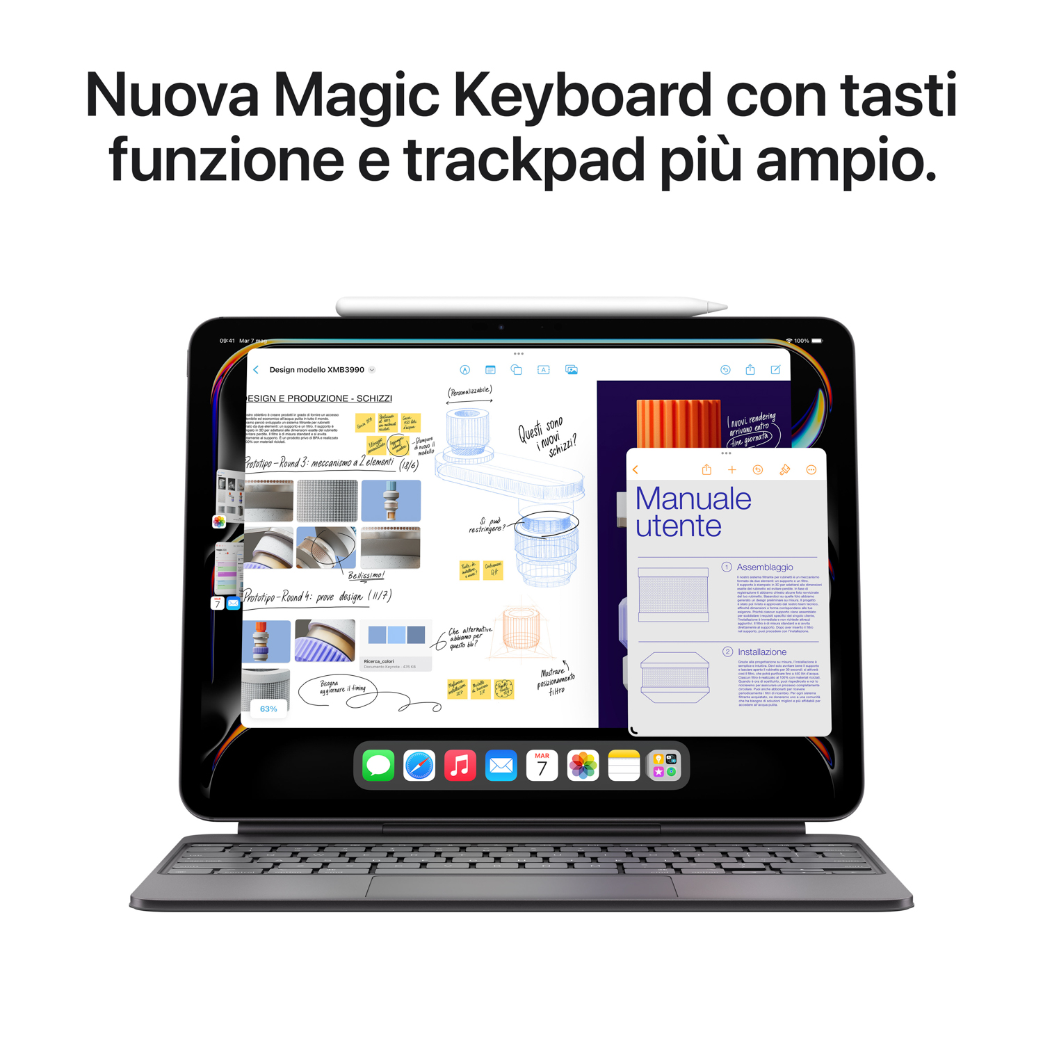 Un tablet con tastiera e stilo, che mostra un disegno digitale.
