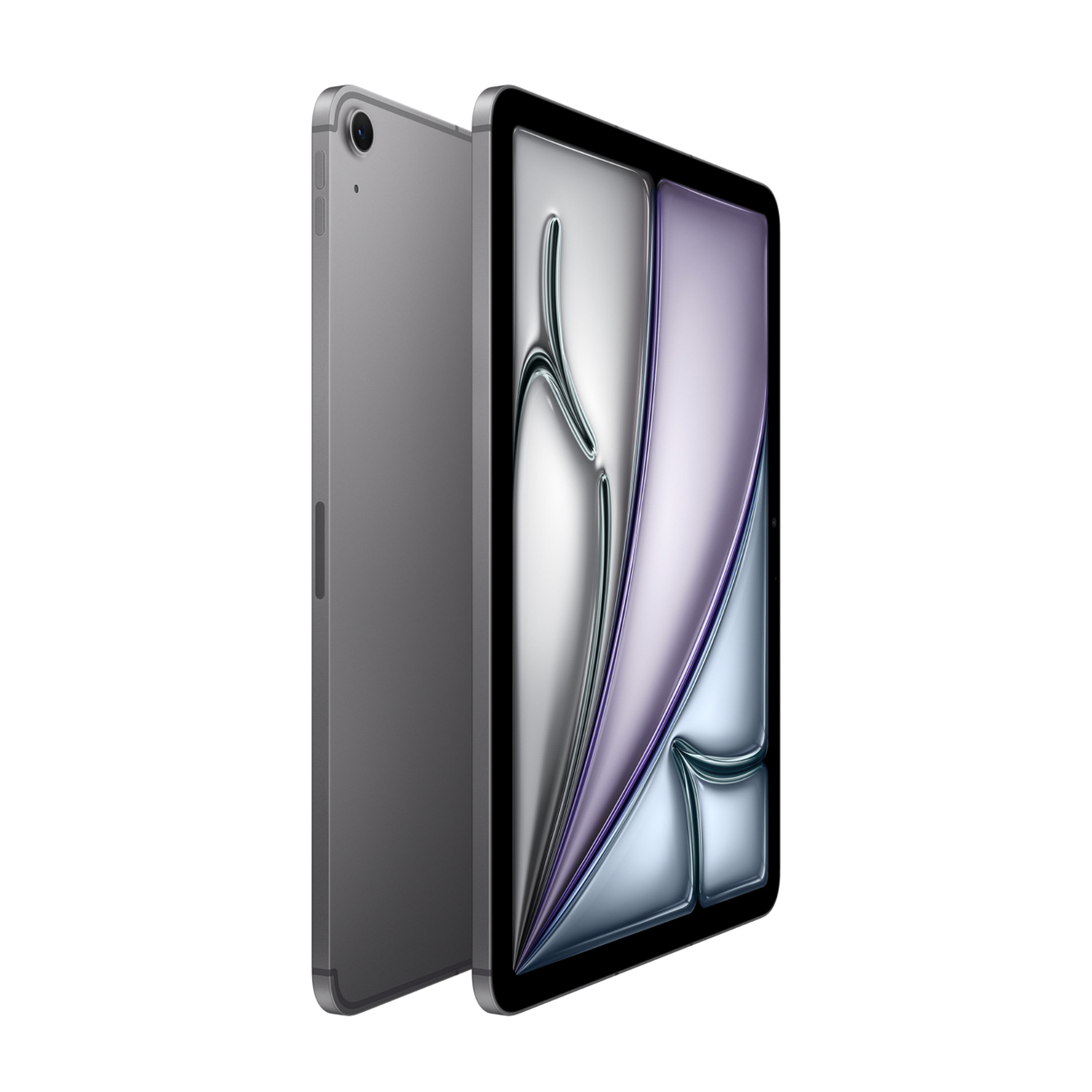 Un tablet in una custodia argentata, visto di lato e frontalmente.