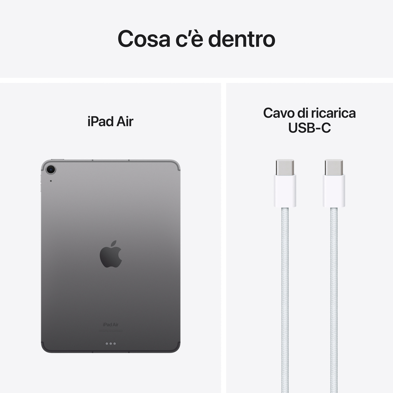 Immagine che mostra l'iPad Air e un cavo di ricarica USB-C. Entrambi sono su sfondo bianco.