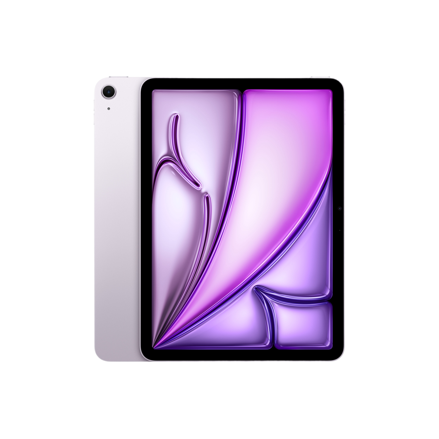 Een tablet met een wit frame en achterkant. Het scherm toont een abstract paars en roze ontwerp.