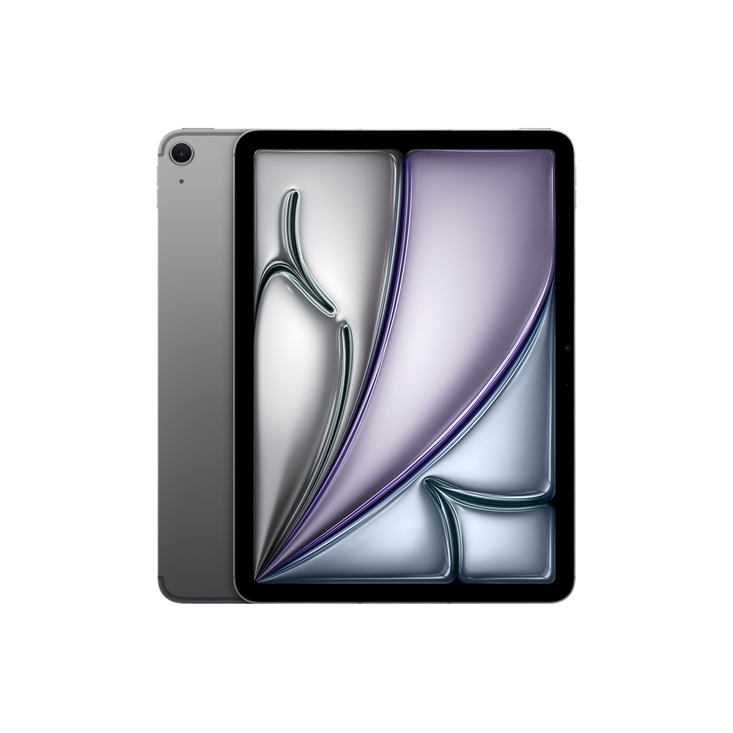 Een zilveren tablet op zwarte achtergrond. Het scherm toont abstracte zilveren, paarse en blauwe vormen. De camera is zichtbaar.