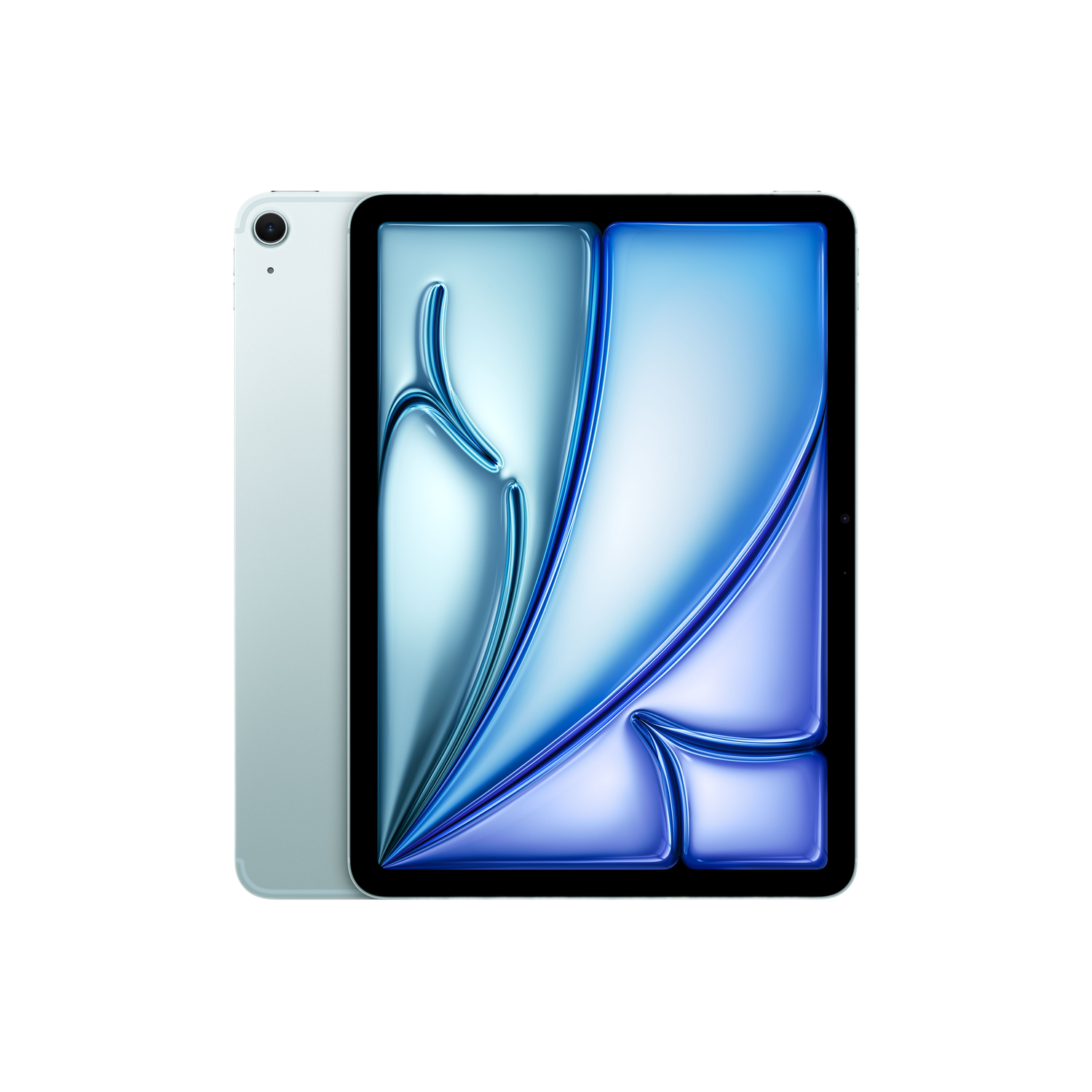 Tablet met een blauw en wit abstract ontwerp op het scherm. De tablet is lichtblauw.