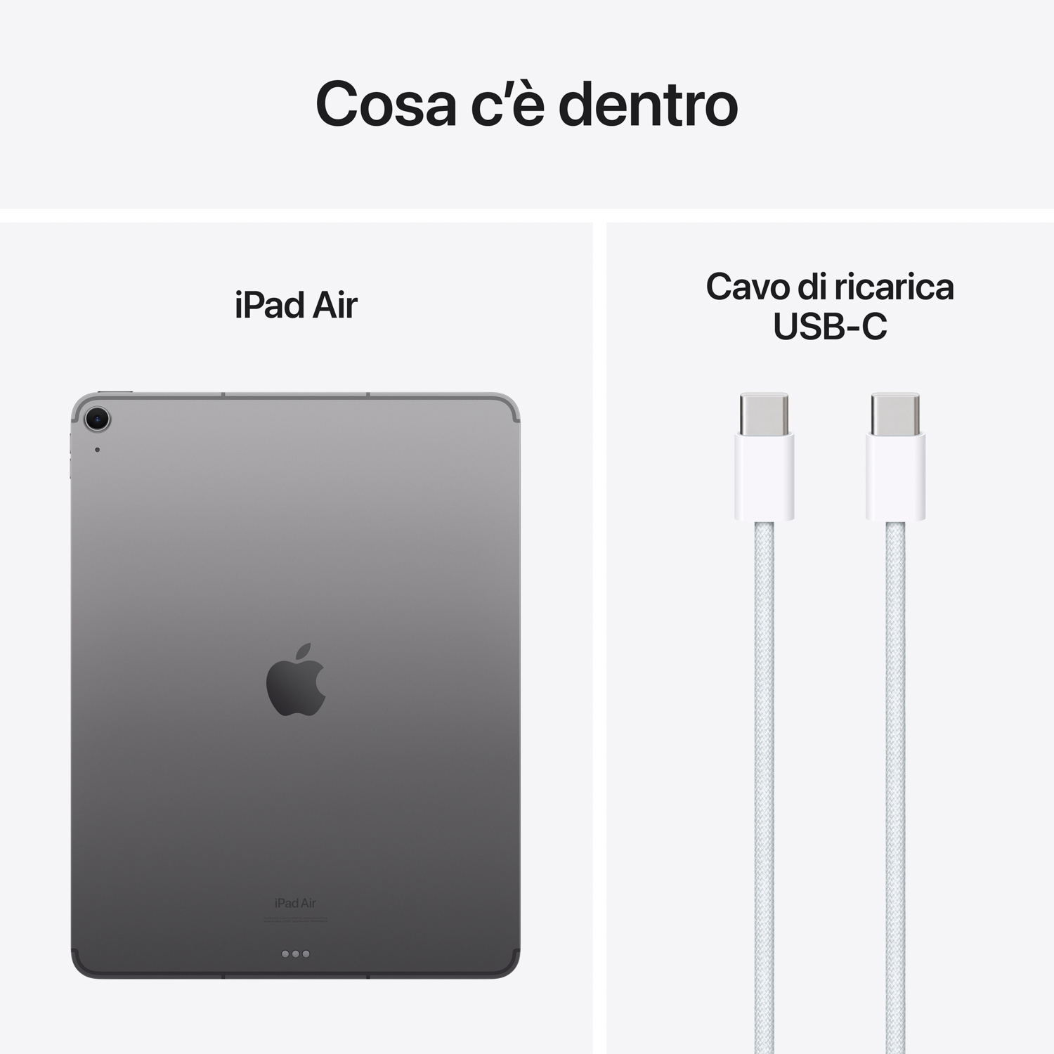 iPad e cavo di ricarica su sfondo bianco, con testo in italiano.