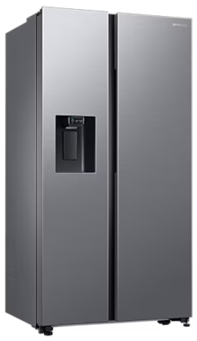 Lodówka ze stali nierdzewnej z dwoma drzwiami, dozownikiem wody i czarną podstawą.