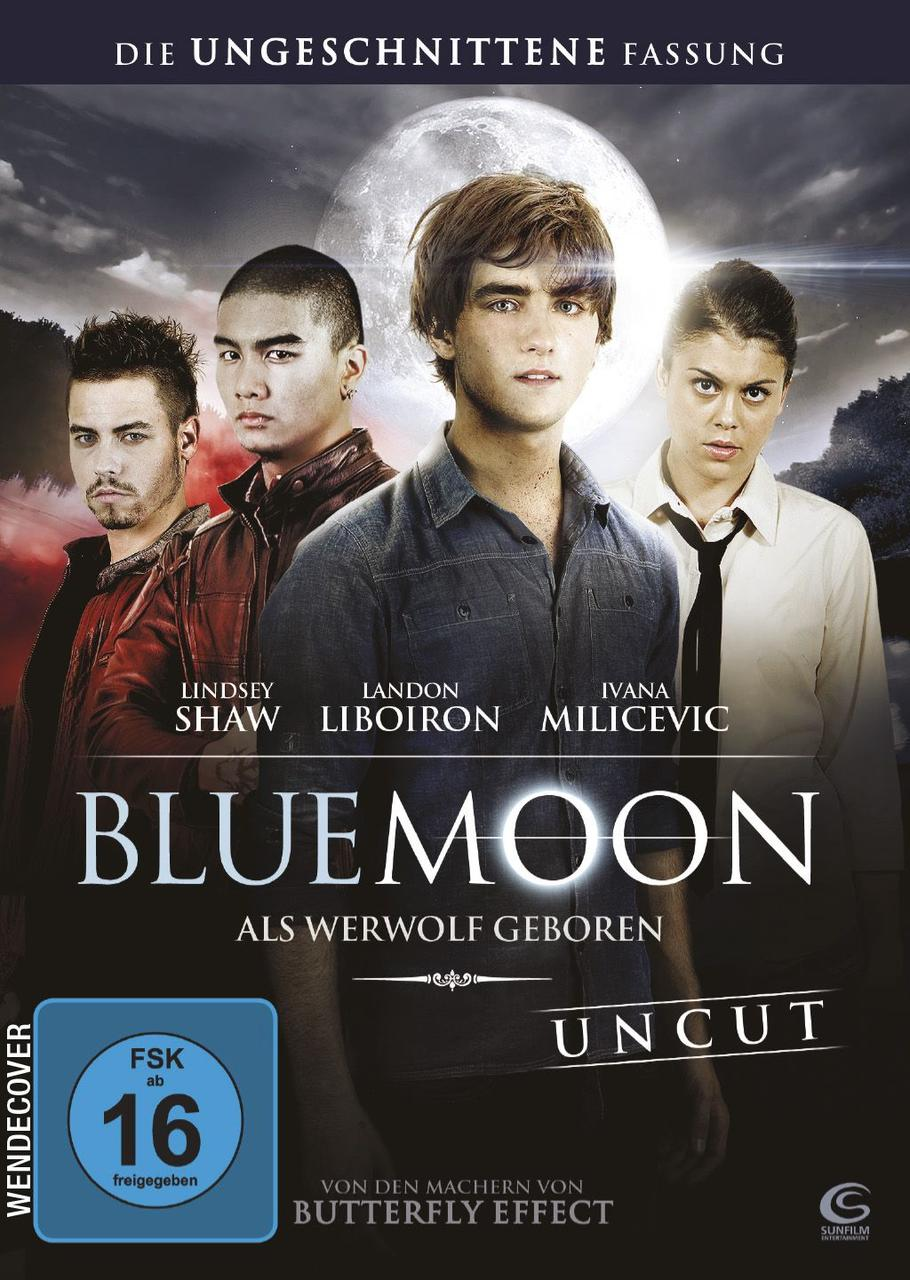 Vier junge Erwachsene posieren vor einem Vollmond. Der Film heißt Bluemoon.