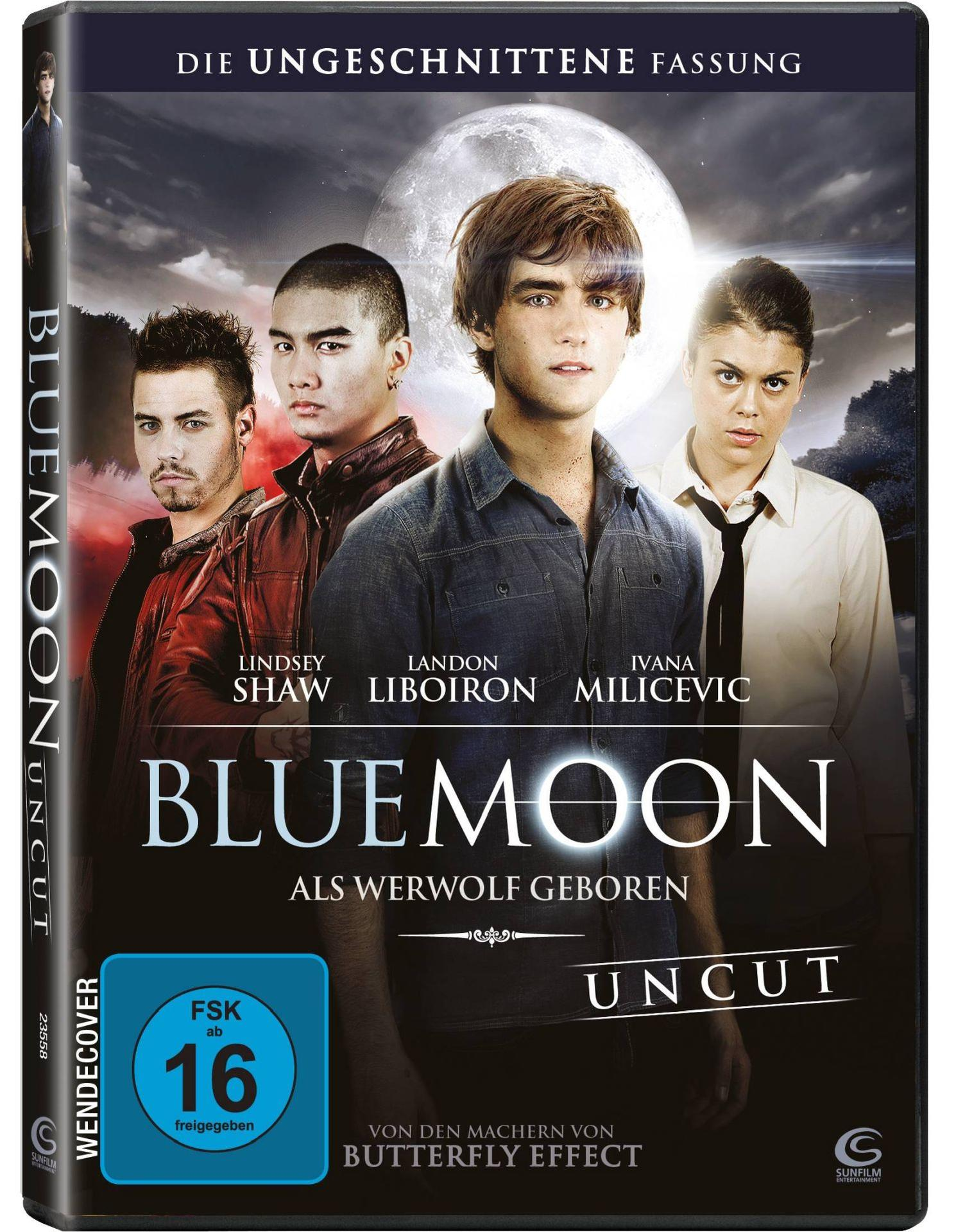Vier junge Erwachsene vor einem Vollmond, Filmcover Blue Moon.