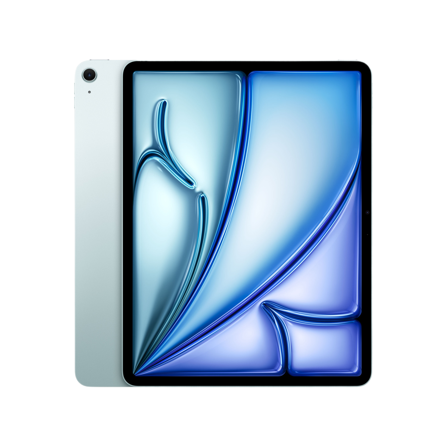 Tablette bleu clair avec un design bleu et violet sur l'écran sur fond noir.