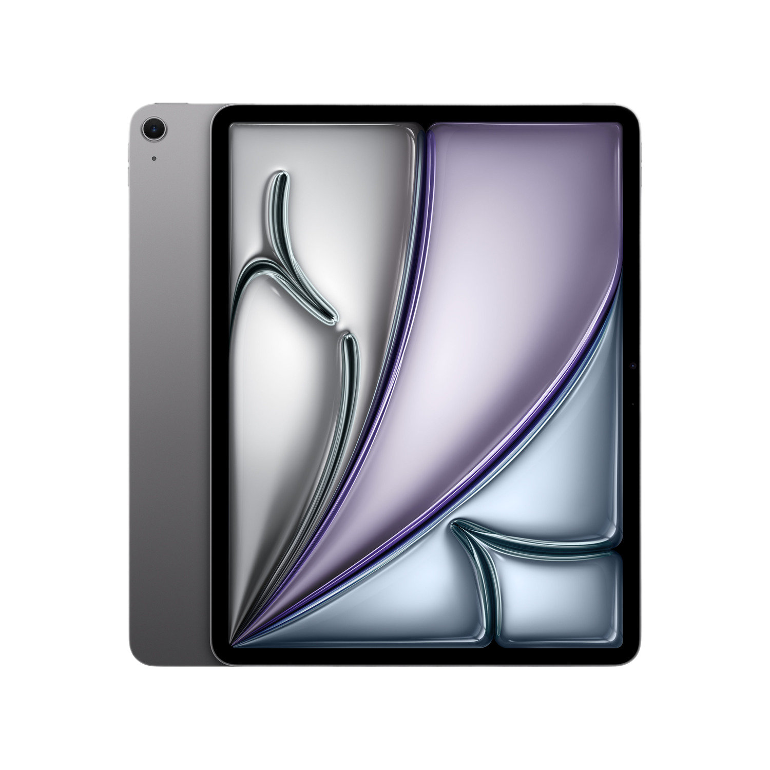 Een grijze tablet met een glanzend scherm, met een abstract ontwerp. De achterkant van de tablet is zichtbaar.