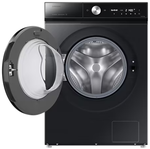 Czarna pralka Samsung z otwartymi drzwiami, pokazująca wnętrze.