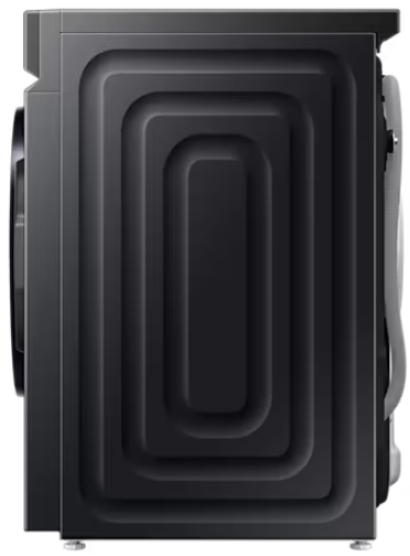 Widok z boku czarnej pralki z teksturowanym tyłem i metalowymi nóżkami.