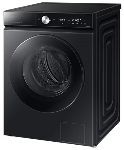 Czarna pralka Samsung ze szklanymi drzwiami i panelem sterowania jest pokazana na białym tle.