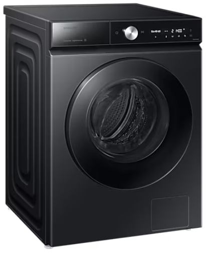 Czarna pralka Samsung. Konstrukcja ładowana od przodu, z okrągłymi drzwiami i panelem.