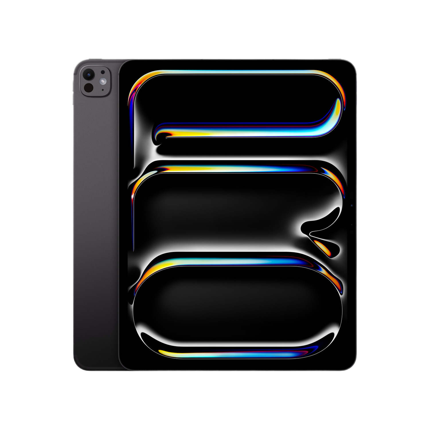Zwarte tablet met abstract ontwerp op scherm, donkergrijs zijprofiel. Zwarte achtergrond.