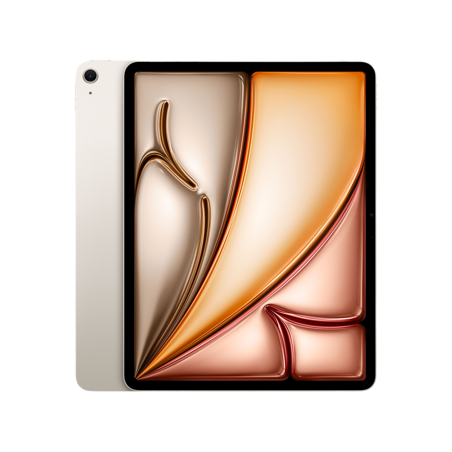 Een iPad Pro met een gouden scherm dat abstracte vormen op een zwarte achtergrond weergeeft. De iPad is beige, met een camera linksboven.