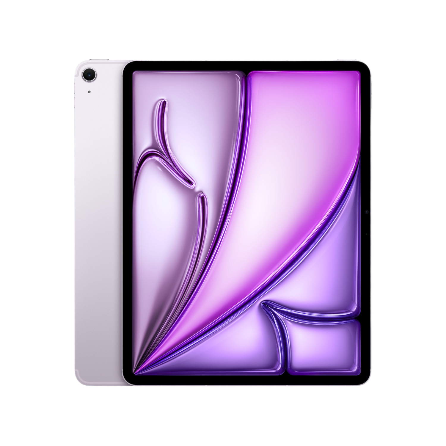 Tablet met een witte achterkant en een scherm met abstracte kunst in paarse tinten.