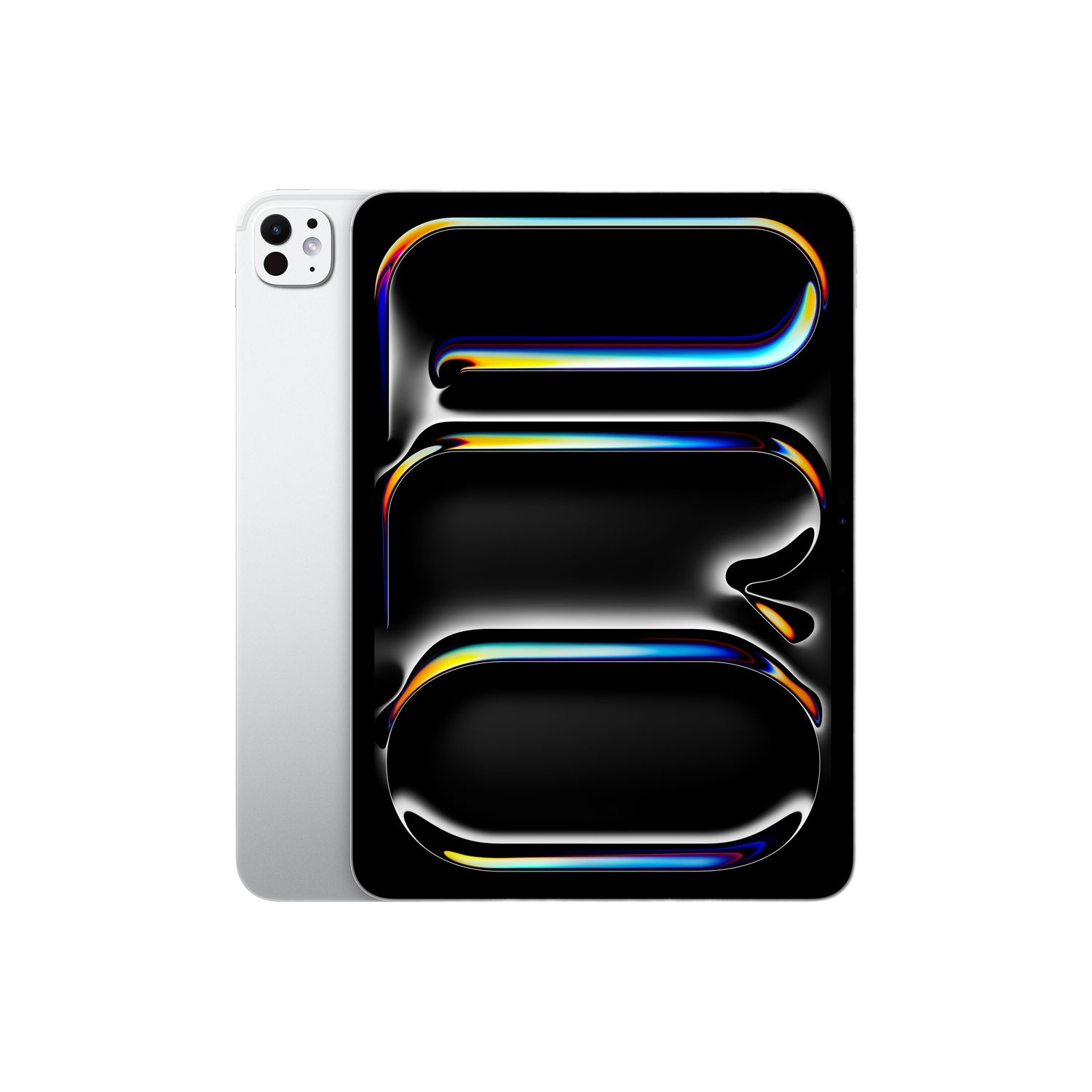 Une tablette avec un écran noir affichant un design abstrait coloré et un dos argenté, sur fond noir.