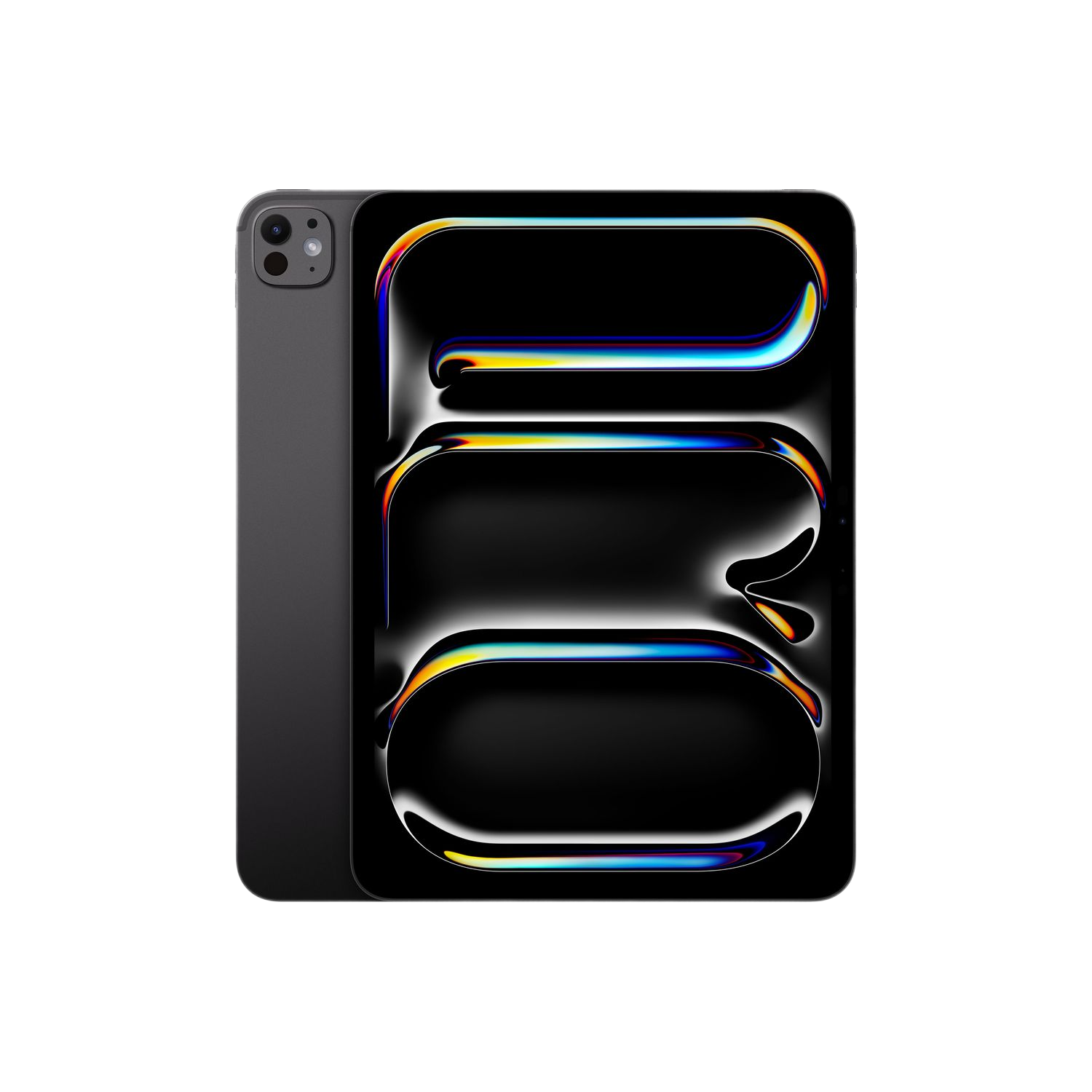 Een donkergrijze tablet met een kleurrijk abstract ontwerp op het scherm.