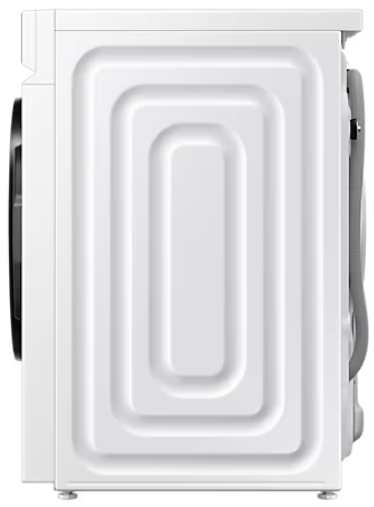 Widok z boku białej pralki. Z tyłu ma prostokątny wzór.