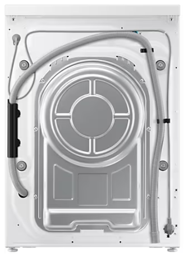 Widok z tyłu pralki. Widoczne węże i inne elementy. Białe tło.